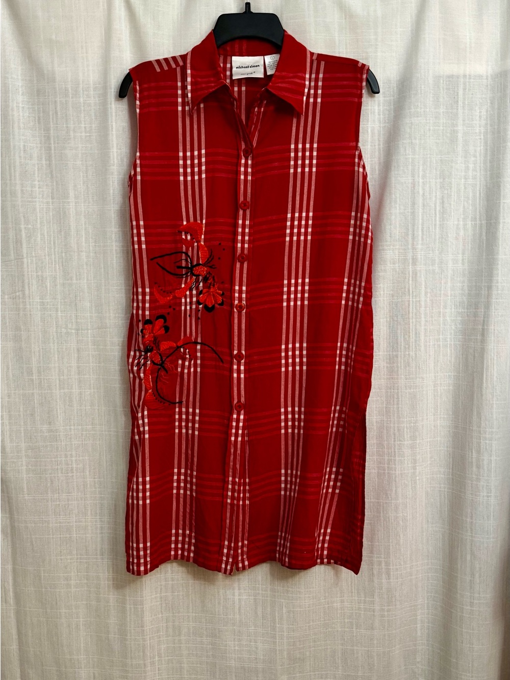 Michael Simon Plaid Embroidered Sleeveless Button-Up Tunic Longline Top Size M